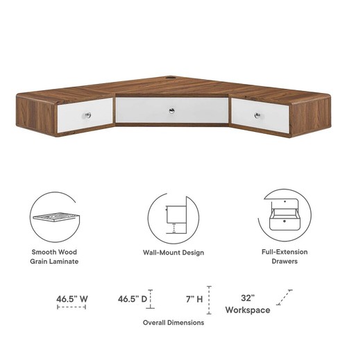 Floating Corner Desk Wall Mount Walnut Laminate White 2 or 3 Drawers 55” or 47" - Picture 7 of 28