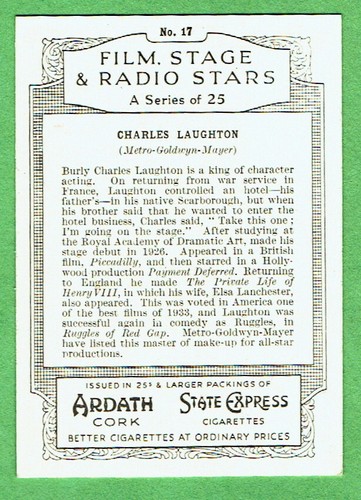 CHARLES LAUGHTON actor ~ c1930's Ardath-State Express Cigarette Card w/ FREE SH - Imagen 2 de 2