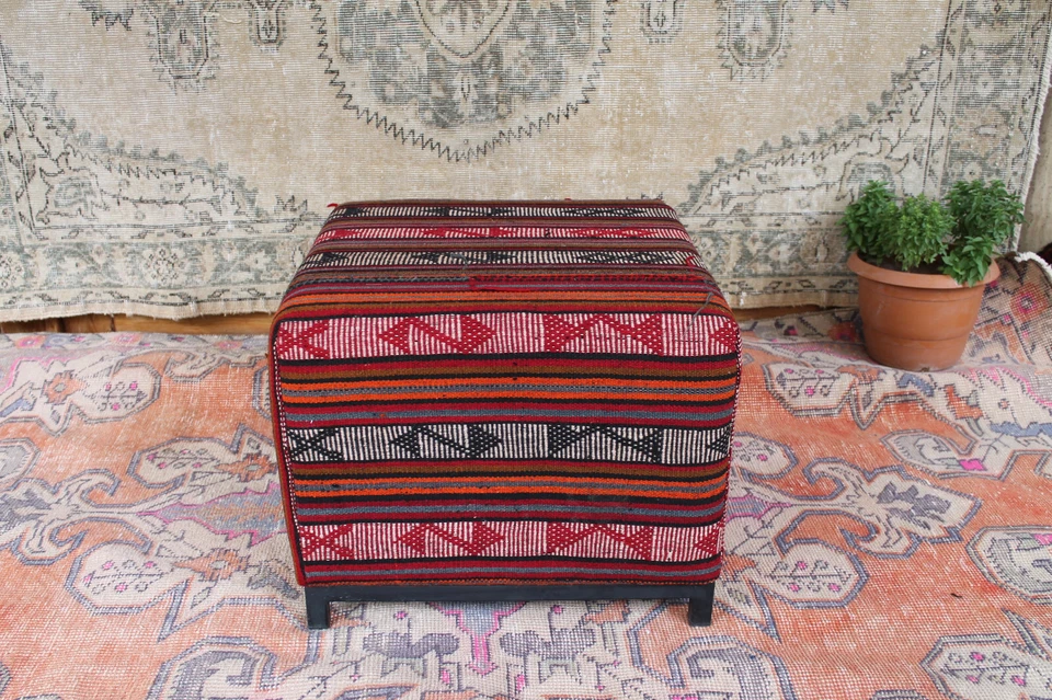 Handmade Oriental Kilim Pouf – Vintage Boho Ottoman Footstool Upholstered - Image 2 of 4