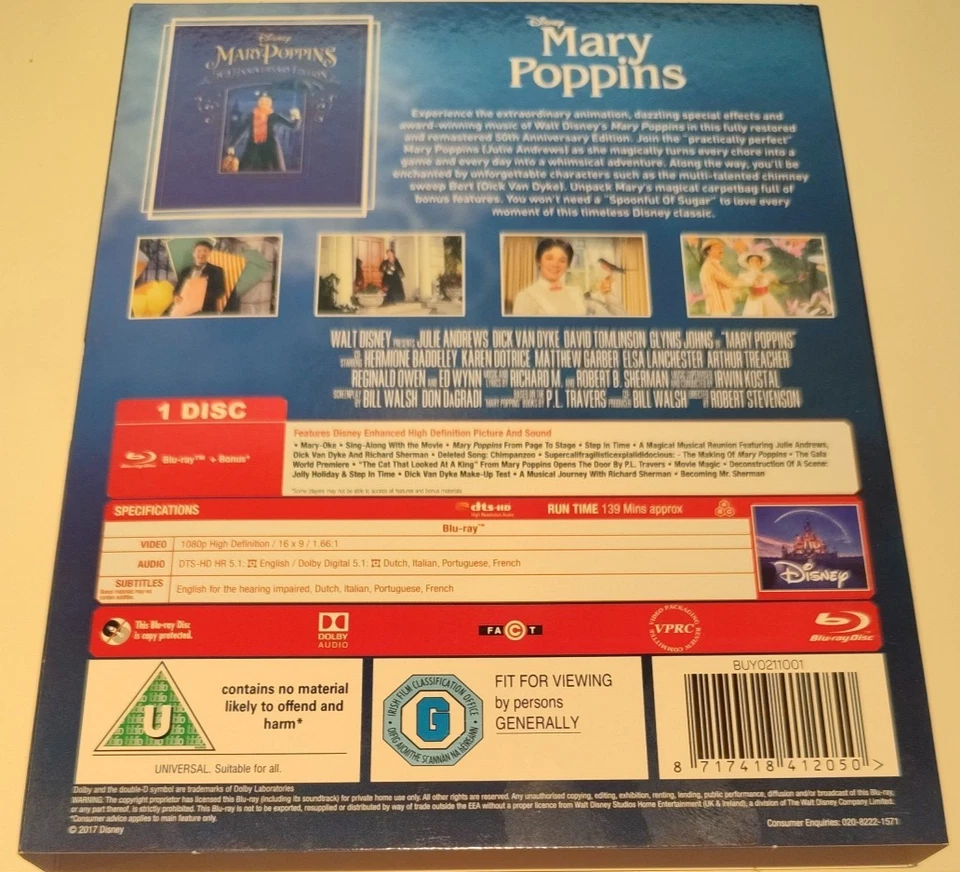 Mary Poppins 50th Anniversary Edition O-Ring Slipcase Blu-Ray Disney NEW Sealed - Image 4 of 4