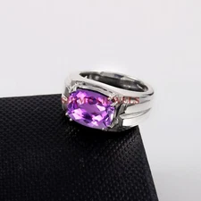 Natural Amethyst Gemstone With 14K White Gold Plated Silver Men's Ring #1363