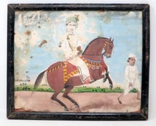 Vintage Artist Fine Oil Painting On Paper Of Indian King Riding Horse