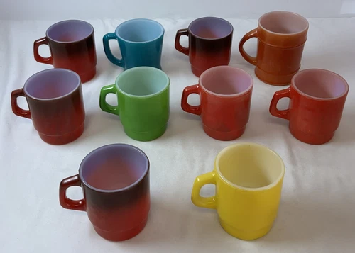lot of ten MCM red, green, yellow, aqua blue, orange glass FIRE KING MUGS cups