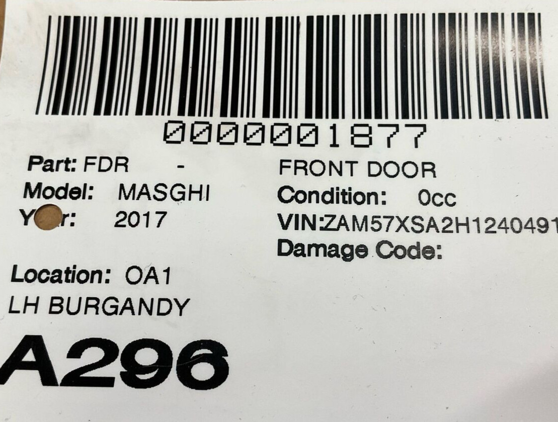2017-2020 MASERATI GHIBLI Front Door Left Driver Side Burgandy OEM