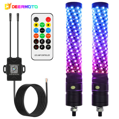 UTV ATV 2X 1FT Spiral RGB LED Fat Whip Lights Antenna Chasing APP Remote Control