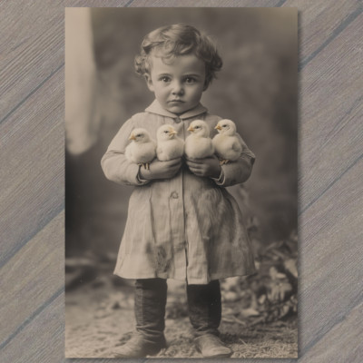 FLATCARD  Scared Child Holding Easter Chicks Distressed Retro Style Funny Girl