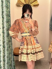 Dress Print V-neck Long Sleeved Sexy Womens Palace Style Slim Lace Short Skirts 