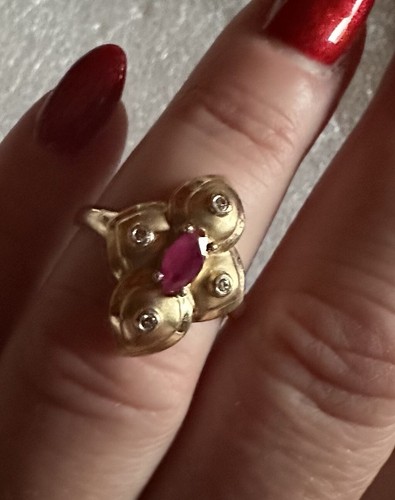 ANTIQUE ESTATE SOLID 14K GOLD RUBY & DIAMOND RING ART DECO Size 7 - Picture 2 of 12