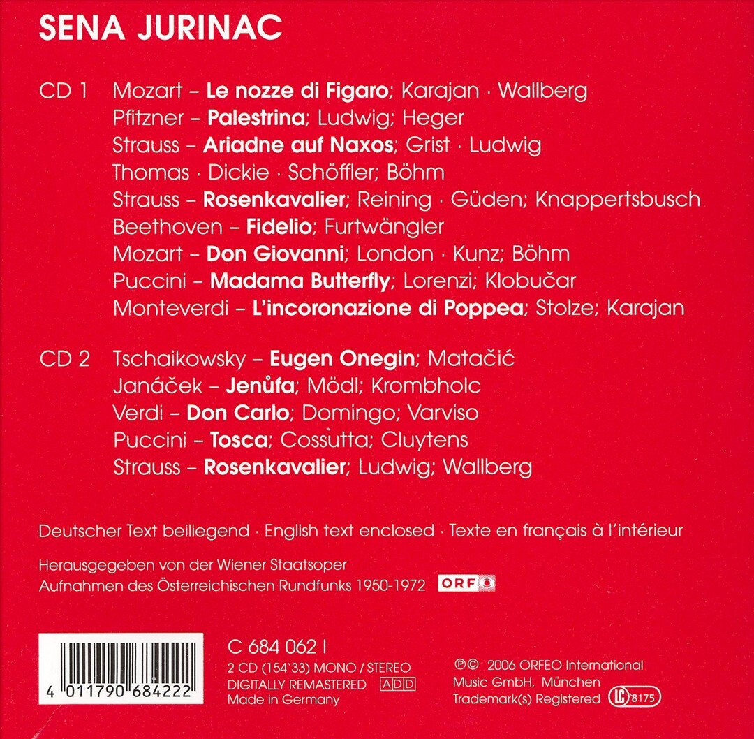 SENA JURINAC SENA JURINAC SINGS MOZART, STRAUSS & PUCCINI NEW CD