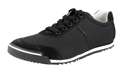 PRADA Wildleder + Nylon Linea Rossa Sneaker 4E2834 Schwarz Roter Streifen NEU