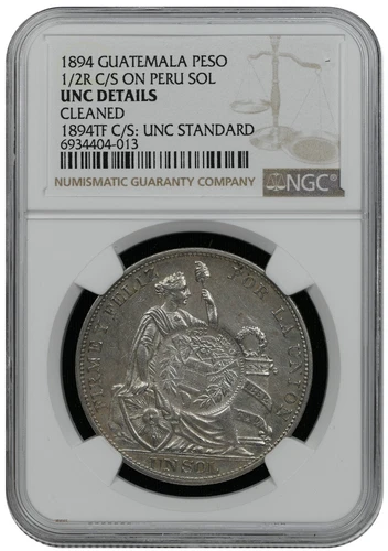 1894 Guatemala 1 Peso C/S On 1894 Peru 1 Sol NGC UNC Detail