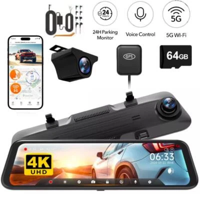 WOLFBOX 4K 12" Mirror Dash Cam Front and Rear 5G WiFi Parking Monitoring
