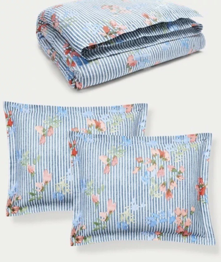 Designer RL Summer Bedding Set QUEEN Size COMFORTER Pink Floral Blue Stripes NEW