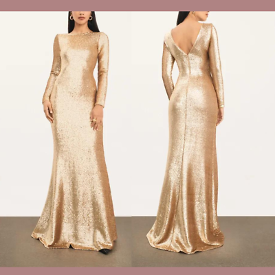 NEW $650 Donna Karan New York [ 4 ] Long Sleeve Stacked Sequin Gown Gold  #G1164 | eBay