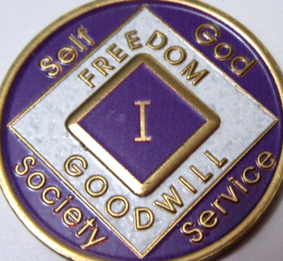 Narcotics Anonymous Purple 1 year NA White Gold Medallion Token Chip Coin Clean
