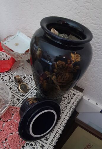 Deckelvase, Urne, Vase - ORO ZECCHINO - schwarzblau, Blütenmotiv mit Gold - Bild 1 von 6