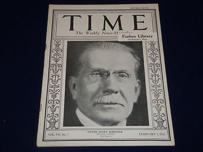 1926 FEBRUARY 1 TIME MAGAZINE - VICTOR HENRY BERENGER COVER - T 31