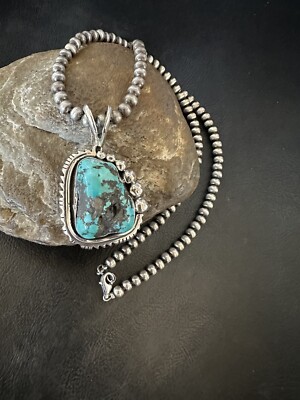 Rustic Blue Kingman Turquoise Pendant Navajo Sterling Silver Necklace 20'' 18315
