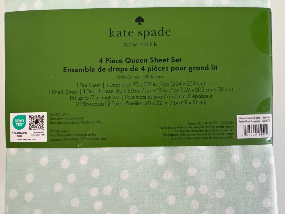 Комплект простыней Kate Spade Queen 4 шт. 100% хлопок глубокий крой зеленый мятный горошек - Изображение 4 из 4