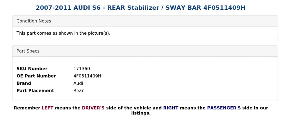 AUDI S6 2007-2011 - Estabilizador trasero / Barra estabilizadora 4F0511409H Foto 4 de 4