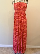 Woman's Route 66 Boho Summer Long Strapless Orange & Red Sundress Size XL