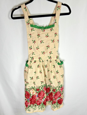 Vintage Holiday Kitchen Full Apron Red Roses & Berries Lace Granny