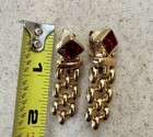 Vintage Swarovski Gold Tone Garnet Earrings Dangle Watch Chain Link Clip-on — photo 6