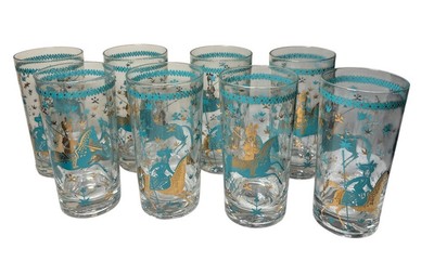 Hazel Atlas Barware Highball Glasses Persian Polo Players Mid~Century Gold inlay