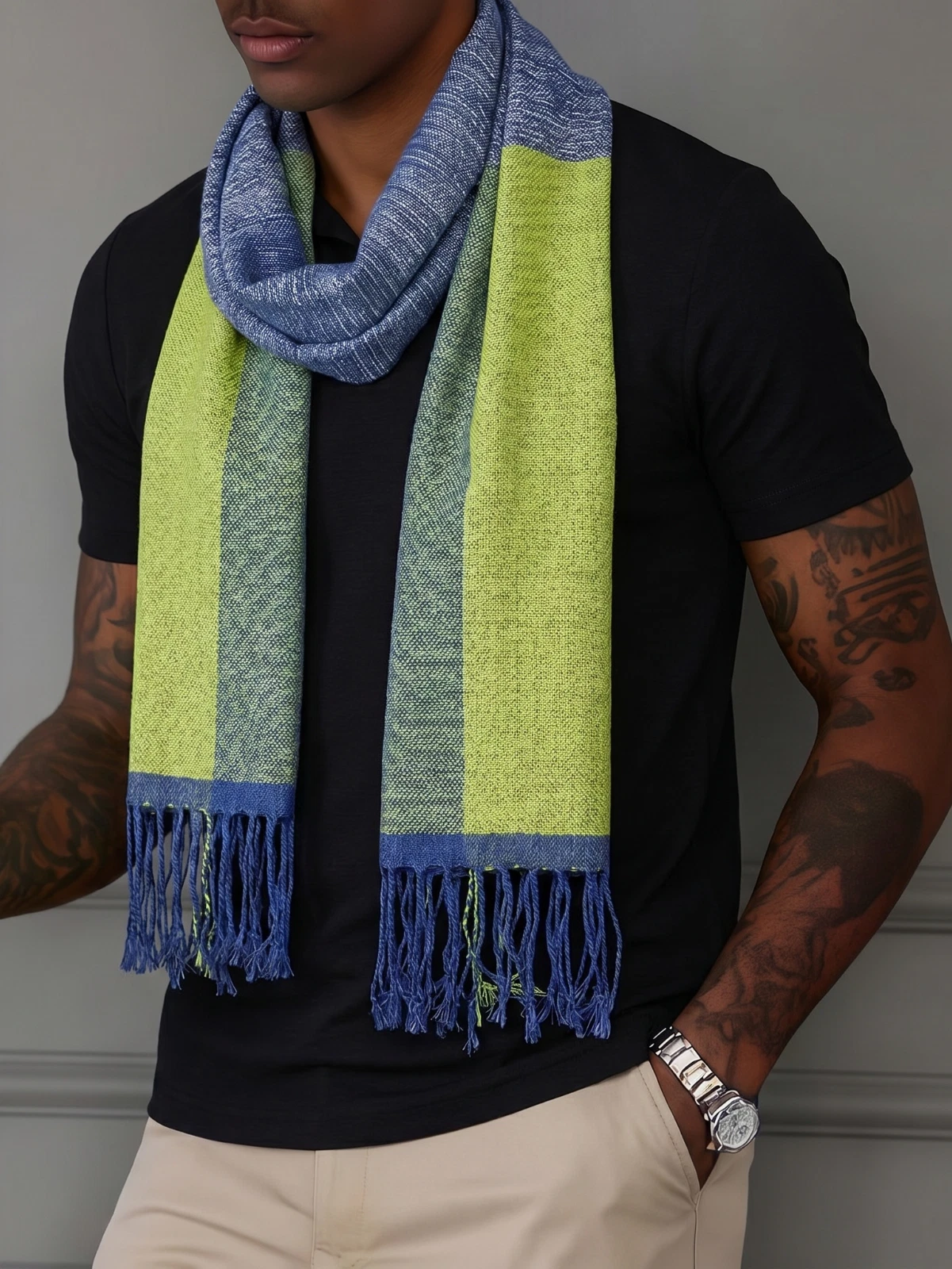 $540 NWT IJO IT Blue & Green Block Knit Cashmere Silk Men's Scarf Italy 24"X76"