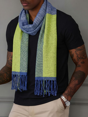 $540 NWT IJO IT Blue & Green Block Knit Cashmere Silk Men's Scarf Italy 24''X76''