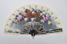 Vintage LADIES FOLDING FAN HAND HELD HAND PAINTED FLOWERS LACE TRIM 08227