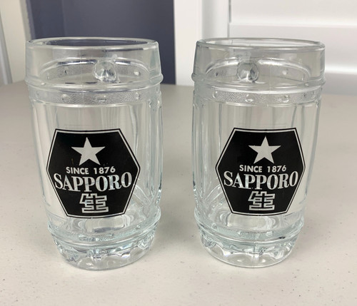 Sapporo Barrel Beer Glass Mugs Set of 2 Black Logo Japan 10oz