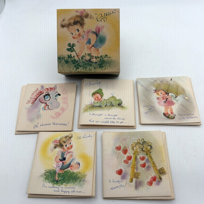 Vintage GIFTIES Card Mart Box w/5 Cards Girl 4 Four Leaf Clover Shamrock Irish