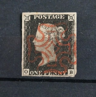 GB QUEEN VICTORIA SG 2 1D BLACK 4 MARGIN RED MALTESE CROSS CANCEL.