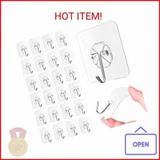 QUALIALL 33lbs Adhesive Hooks for Hanging on Wall or Ceiling, Heavy Duty, Clear,