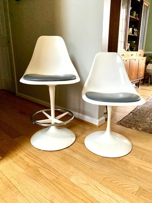 Vtg White Tulip Chair and Stool | MCM White Tulip Chair and Stool with Cushion