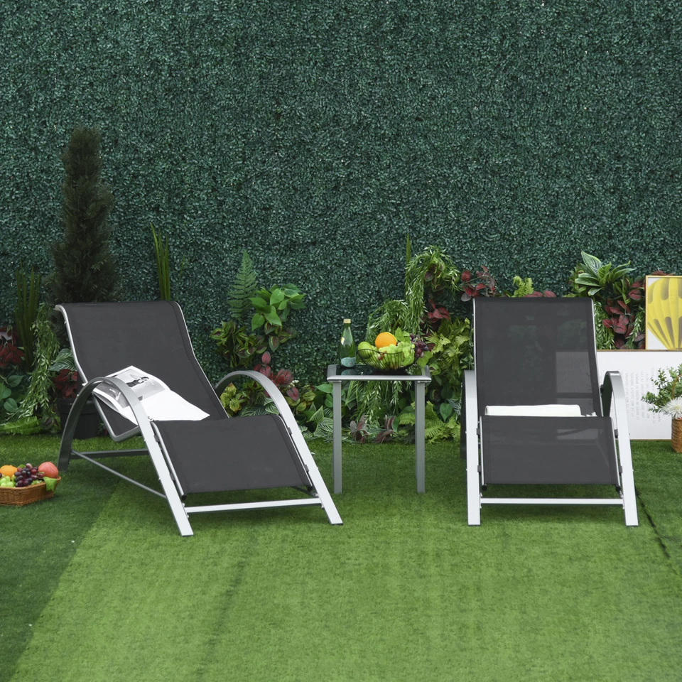 Lounger Set 3-Piece Outdoor, Black Metal Mesh Loungers 59x169cm + Table 41x41cm - Image 2 of 4