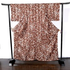 Brown and Gray Striped Flower Fan Kimono L Japan
