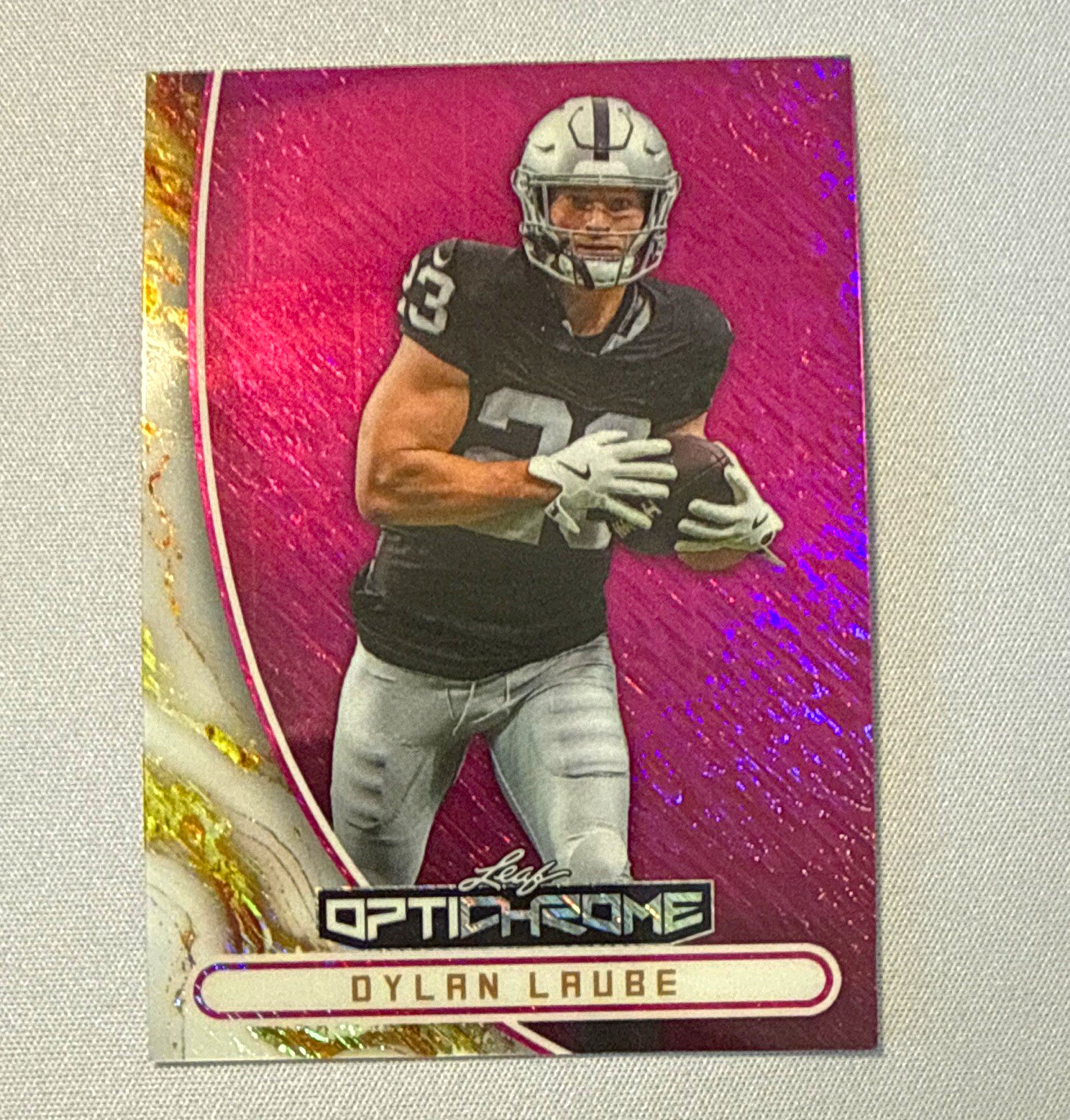 Leaf 2026 Optichrome Football Dylan Laube - Raiders 1/1 Parallel Pink Shimmer