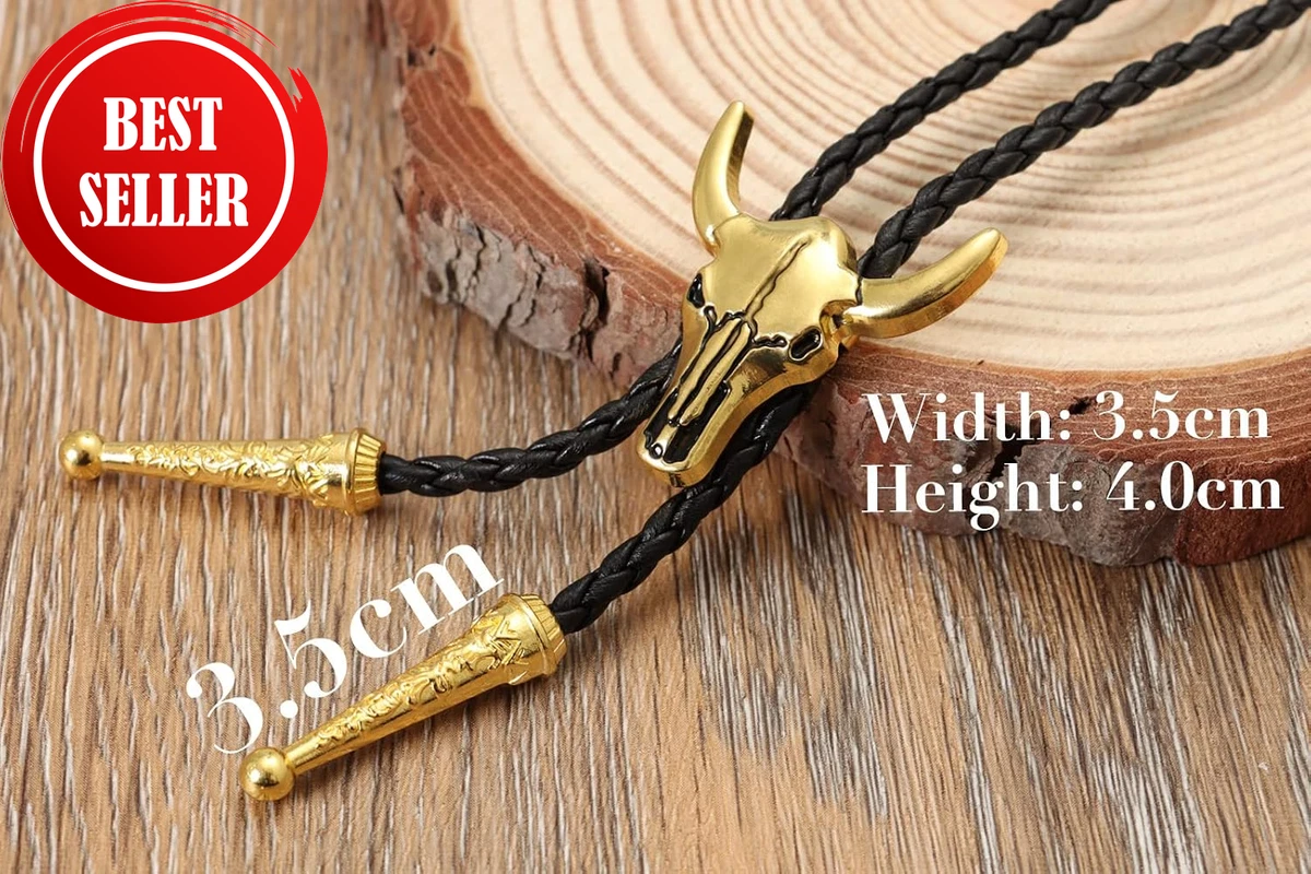 Western Vintage Bolo Tie for Men - Cow Skull Design Cowboy Tie - Black Leather B