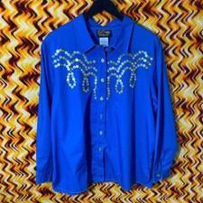 Vintage 90s Bob Mackie Wearable Art Blue Button Down Shirt w/ button details