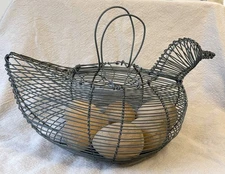 Vintage Wire Chicken Basket 11" Wooden Egg Gathering Primitive Rustic Farmhouse