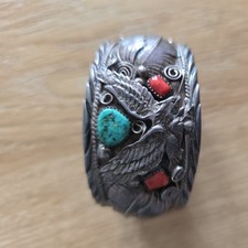 Allen Chee Navajo Sterling Silver Turquoise, Coral Eagle Cuff Bracelet