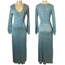 Wenjilli 70's Vintage Metallic Knit Dress Blue Embroidered Detail Cottagecore
