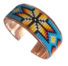 Native American Style Copper Seed Beaded Adjustable Bracelet Cuff Blue Star