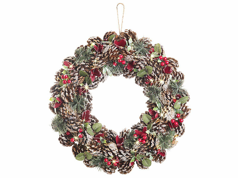 Couronne de Noël lumineuse haut de gamme aux reflets rouges chic