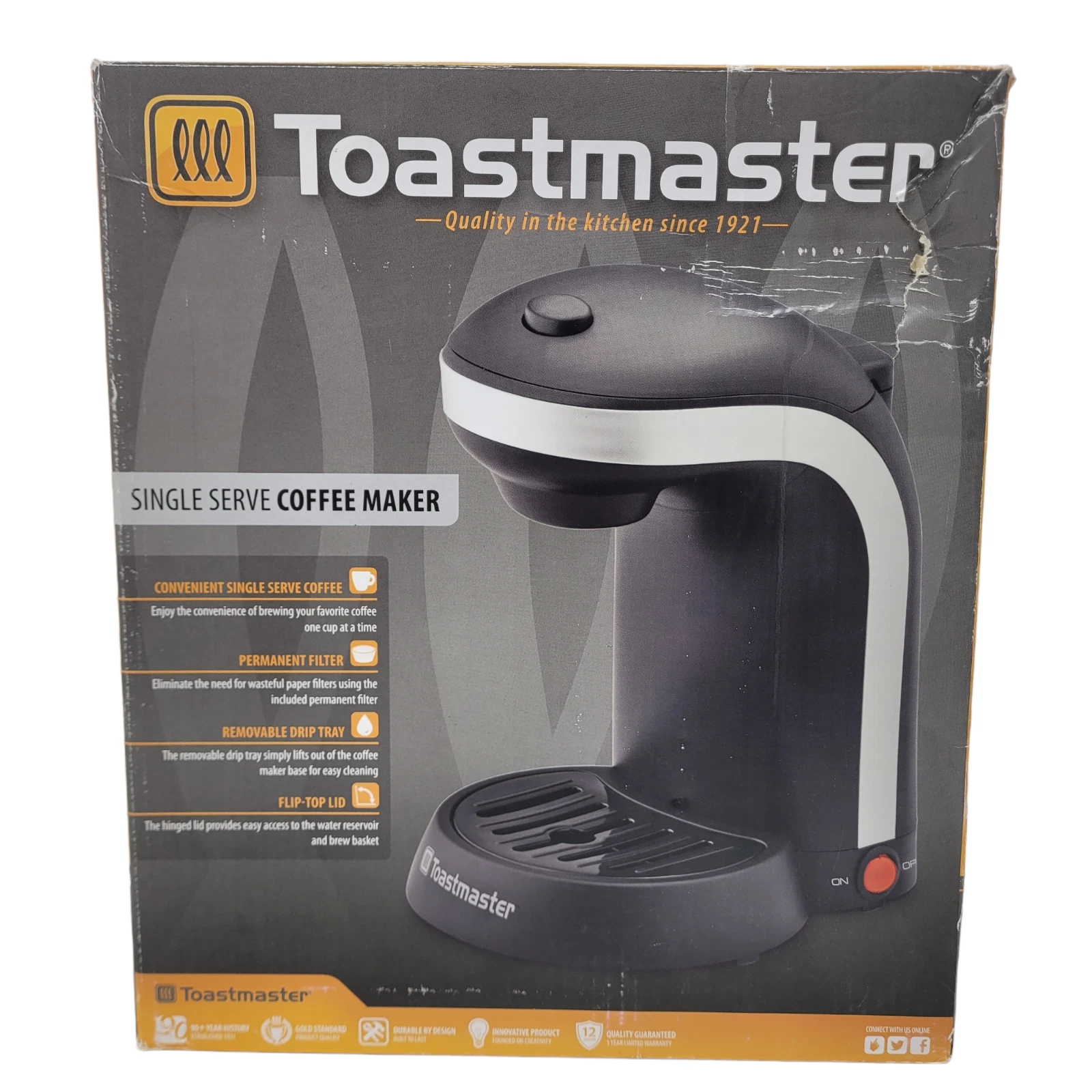 Toastmaster Single Serve Coffee Maker Permanent Filter Flip Top Lid! Brand New