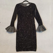 Teri Jon By Rickie Freeman Women's Sz 6 Black Cocktail Bell Sleeve Sequin Dress