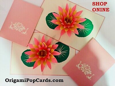 ORIGAMI POP CARDS Gold & Pink Lotus 3D Pop Up Greeting Card Birthday Blank Love