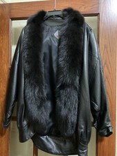 Tibor Genuine Leather And Natural Fox Fur Collar Women's Coat Black